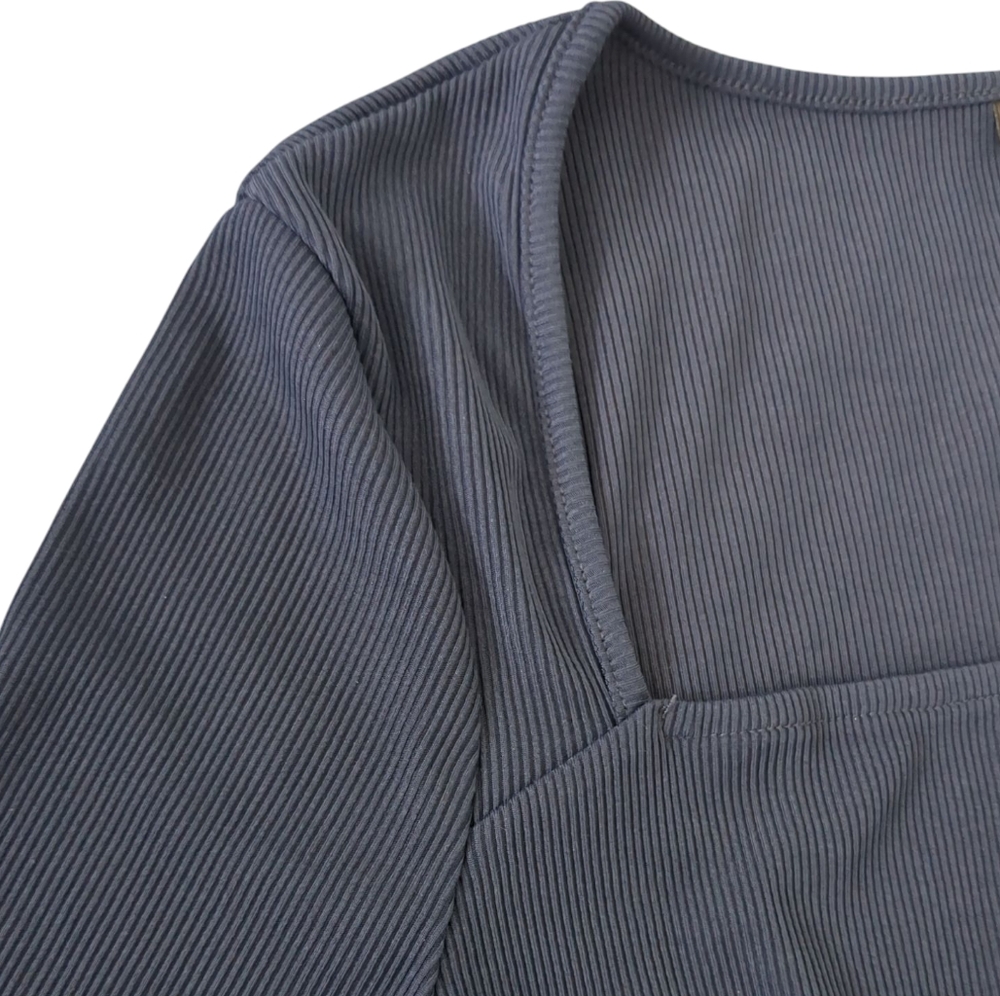 Women's Navy Blue Long Sleeve Square Neck Belted Wide Leg Jumpsuit (Size M) - Picture 6 of 8